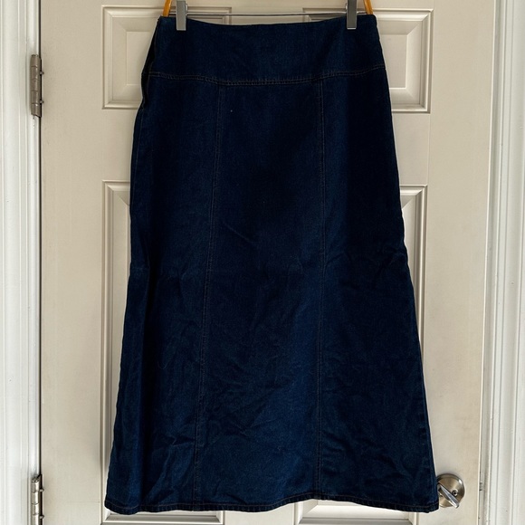Vintage 90s Maria Denim Maxi Skirt Leather Stitching Grunge Fairy Dark Wash Blue - Picture 2 of 8